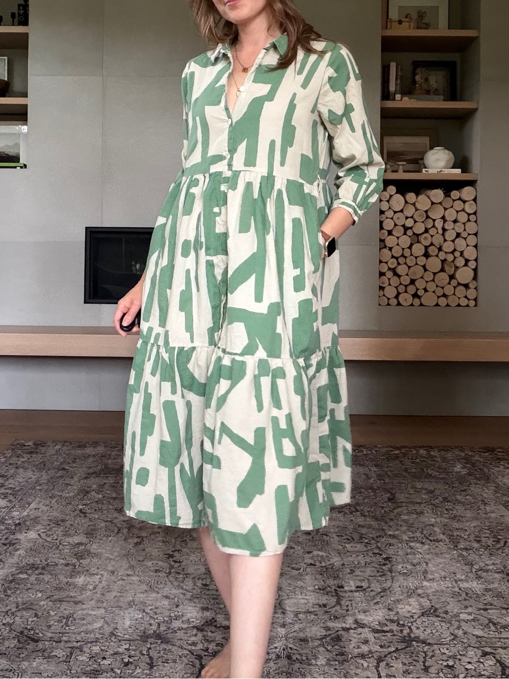 100% cotton Green & Cream Abstract Print Tiered Women’s Dress medium